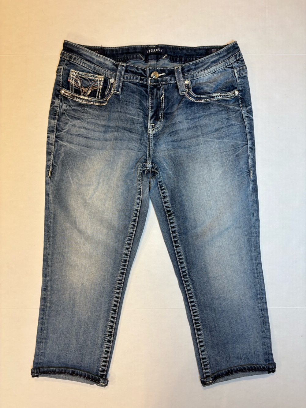 Vigoss Chelsea Capri Heritage Jeans light wash embellished pockets size 11/12